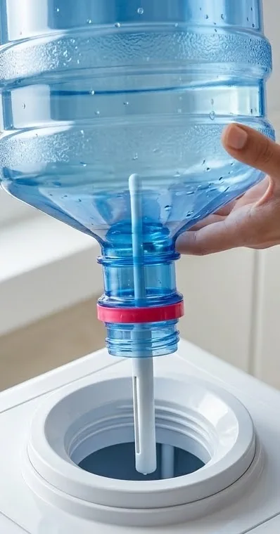 Inverted 19L bottle neck with a pink ring above the clean bottle seat and probe of a white water dispenser