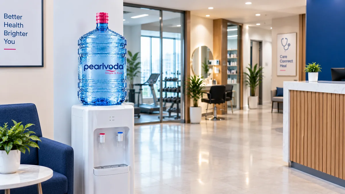 Pearl Voda 19L water bottle on a dispenser in a Karachi waiting area, with a gym, salon chair and reception desk behind
