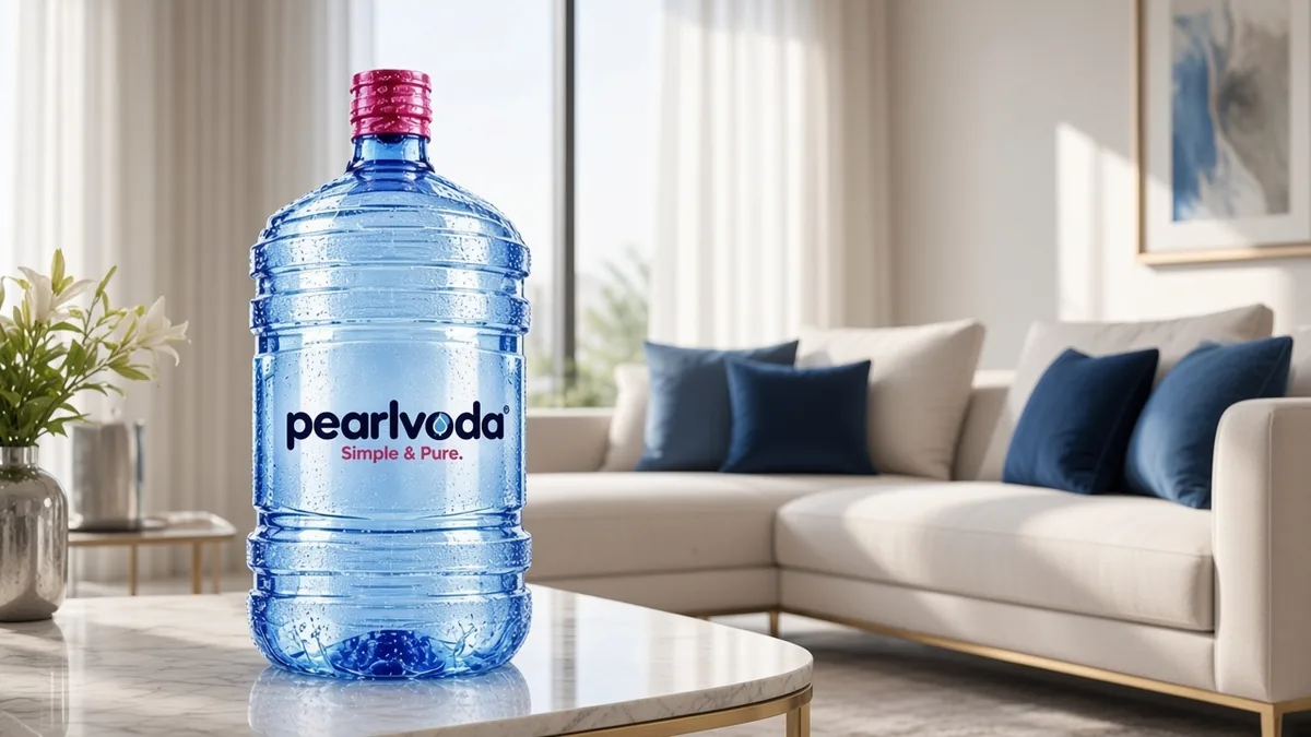 Pearl Voda 19L drinking water bottle on a marble coffee table in a bright living room