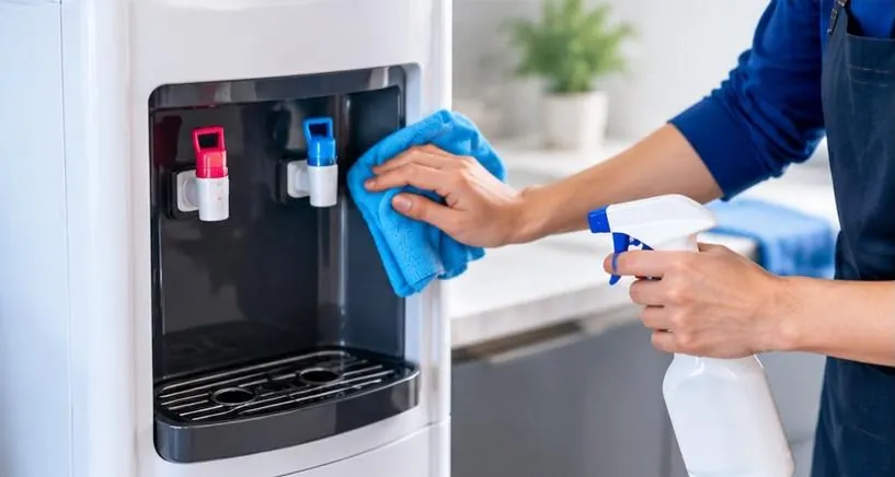 A person in a navy apron wiping the taps and drip tray of a white home water dispenser with a blue cloth, holding a spray bottle
