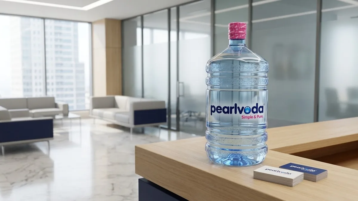 Pearl Voda 19L drinking water bottle on a modern office reception desk beside business cards