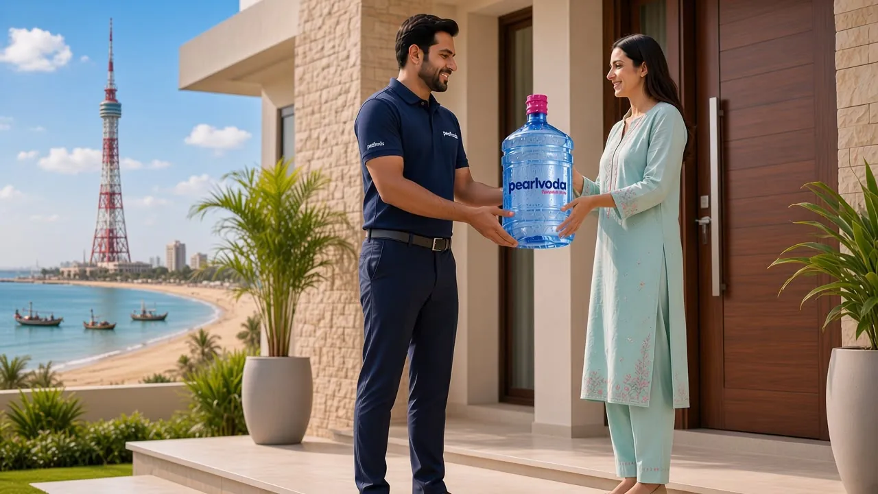 A Pearl Voda delivery person in a navy polo handing a 19L water bottle to a smiling customer at the door of a home