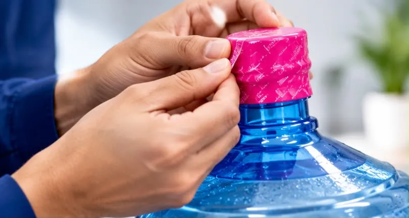 Hands checking the pink cap and tamper-evident seal on the neck of a clear blue 19L water bottle with water droplets on the surface