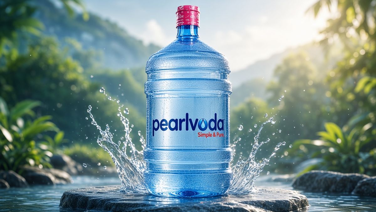 Pearl Voda 19L drinking water bottle with blue label and pink cap on a rock with water splashing around it
