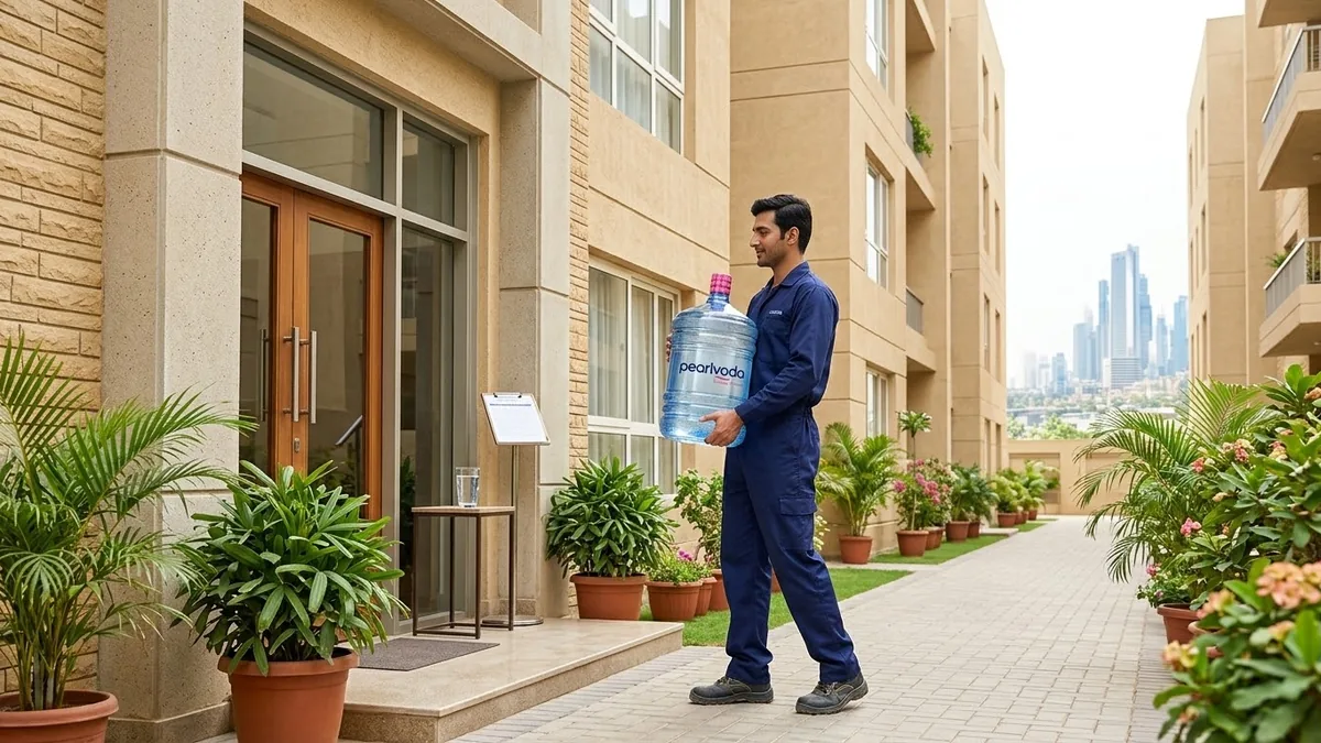 Delivery person carrying a 19L water bottle to the entrance of an apartment building
