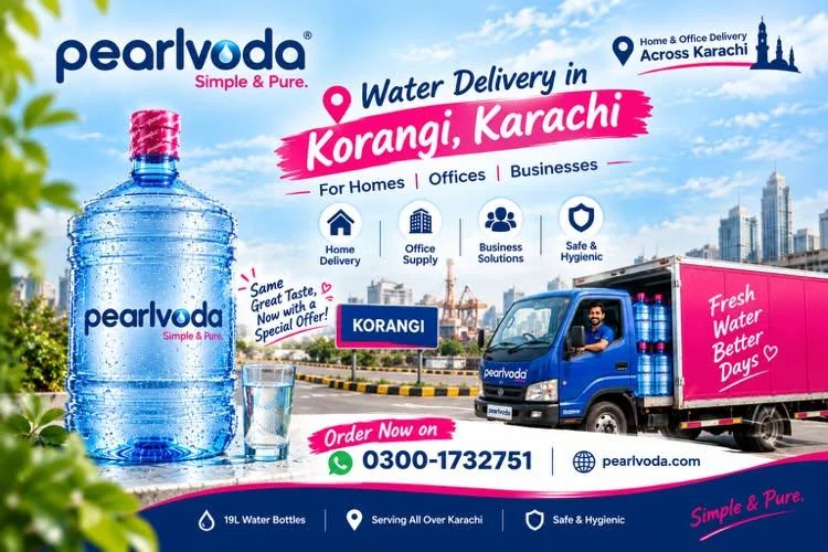 Pearl Voda blue delivery truck loaded with 19L water bottles beside a Korangi sign, with a large Pearl Voda 19L bottle and a glass of water in the foreground