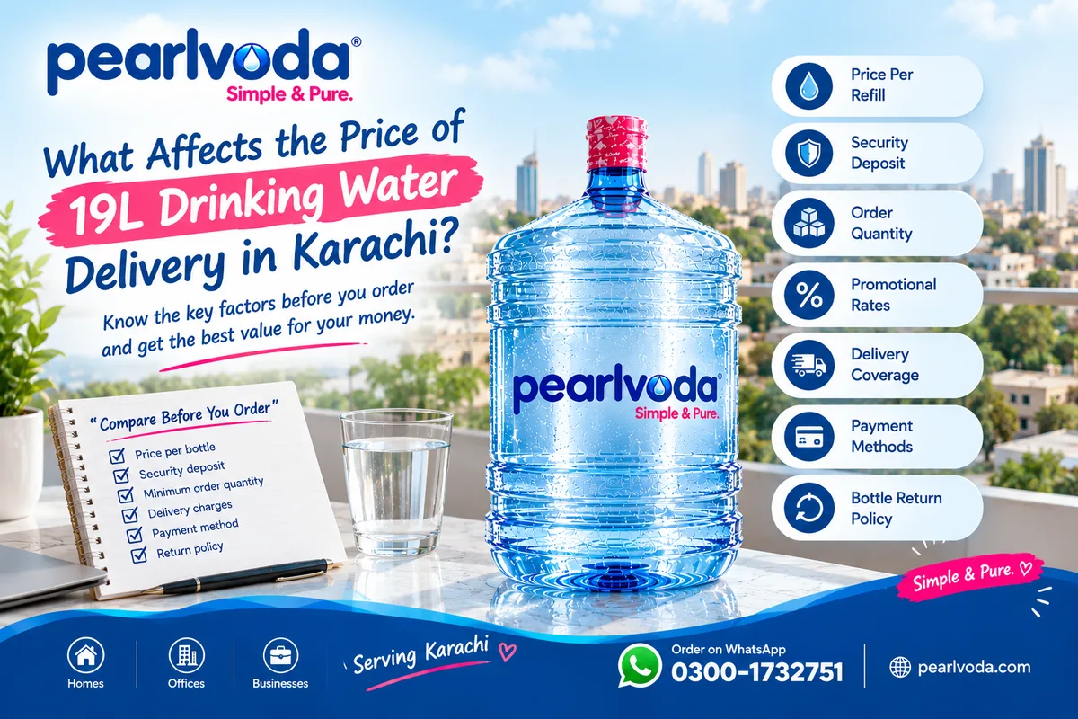 Pearl Voda 19L drinking water bottle with a checklist of factors that affect delivery price in Karachi
