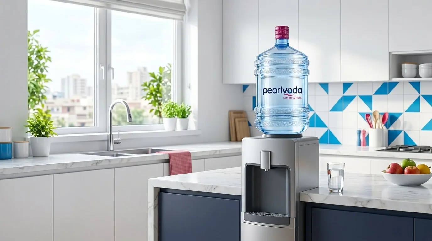 A clear glass of drinking water beside a 19L bottle on a dispenser in a bright, modern kitchen with a window and blue tiled backsplash
