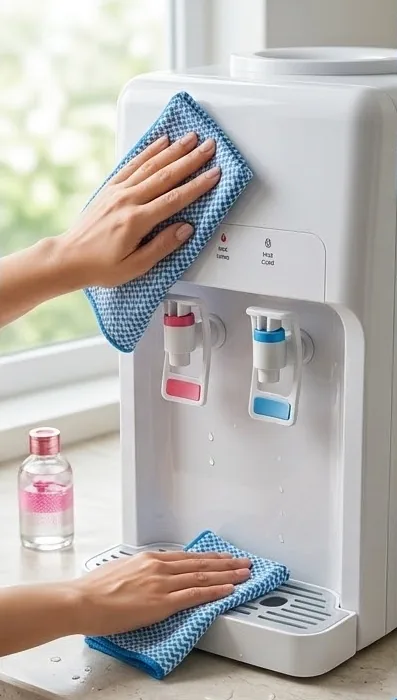 Hands wiping the taps and drip tray area of a white water dispenser with a blue cloth